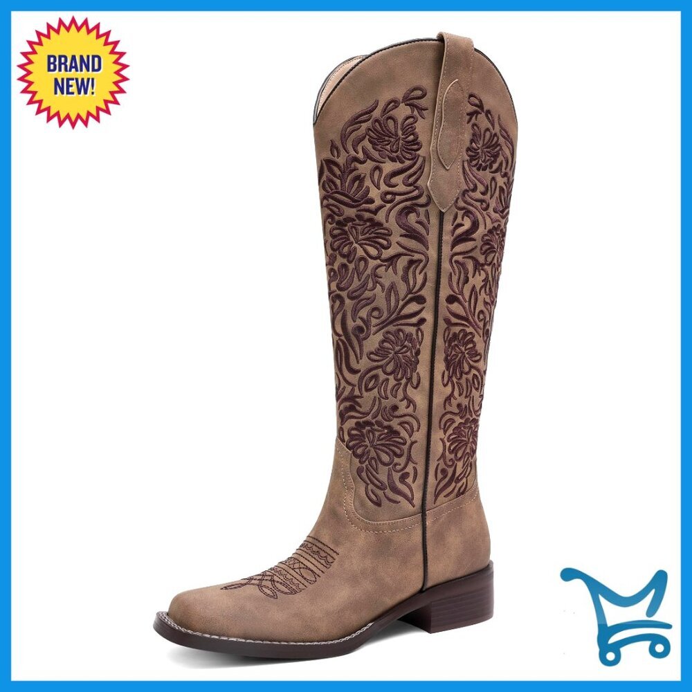Knee High Cowboy Boots Embroidered Western Square Toe Low Heel Pull On